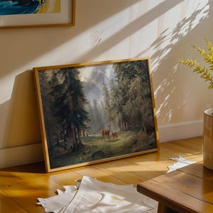 Deer Forest Landscape Wall Art, Rustic Wildlife Canvas Print, Peaceful Woodland Painting image 2
