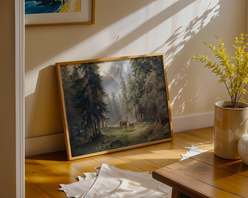 Deer Forest Landscape Wall Art, Rustic Wildlife Canvas Print, Peaceful Woodland Painting image 2