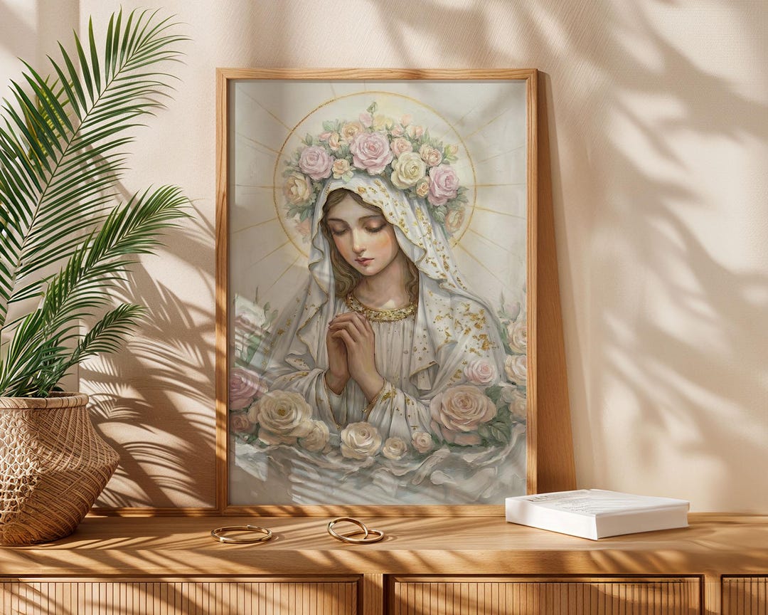 Virgin Mary Prayer Wall Art Print, White & Gold Floral Halo Madonna ...