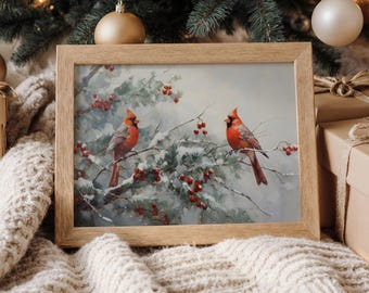 Cardinal Birds Christmas Wall Art | Winter Nature Canvas Print | Snowy Red Bird Decor