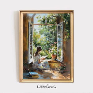 Woman Reading by Window: Vintage Oil Painting Style Art (Digital Download)
