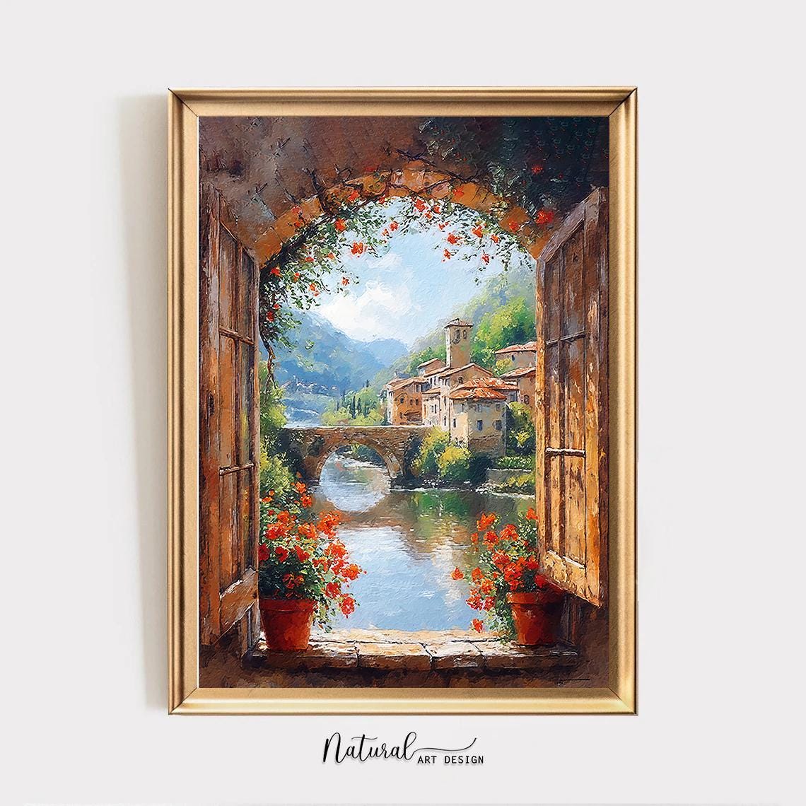 Scenic Window View Oil Painting - European Countryside Landscape Art Print - Wall Art Decor for Living Room, Bedroom, or Office