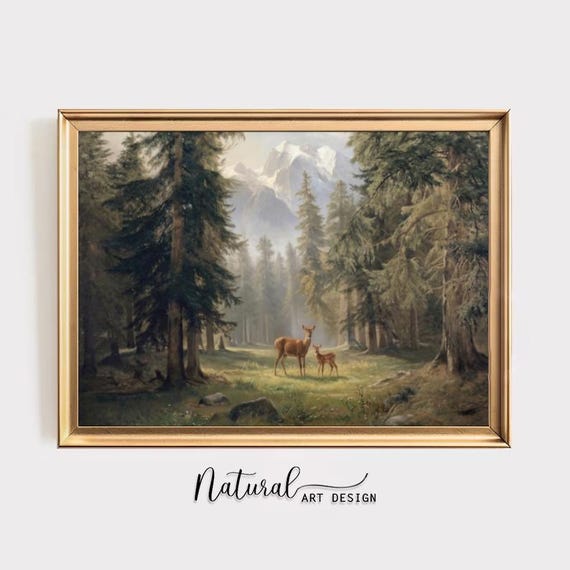 Deer Forest Landscape Wall Art, Rustic Wildlife Canvas Print, Peaceful Woodland Painting