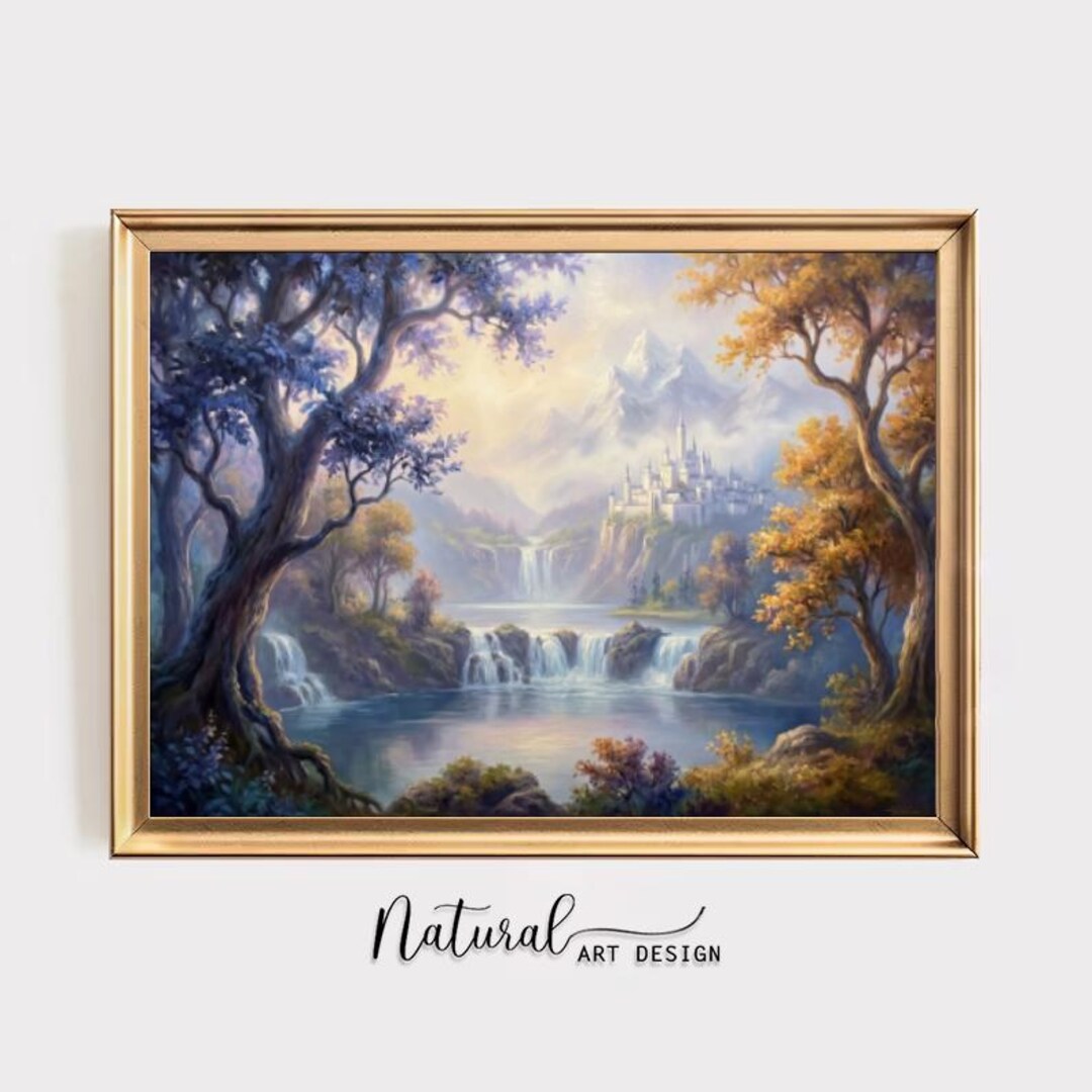 Fantasy Waterfall Castle Landscape Canvas Print, Enchanted Forest Wall ...