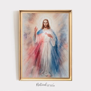 Goddelijke barmhartigheid Jezus kunstafdruk | Heilig Hart van Jezus | Spiritueel christelijk kunstwerk | Religieus woondecoratie | Digitale download om in te lijsten