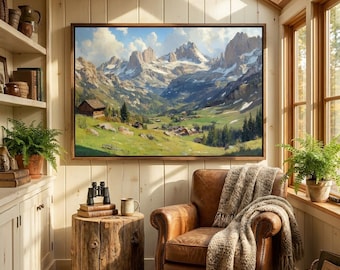 Alpine Landscape Oil Painting, Rustic Village Wall Art, Swiss Alps Canvas Print