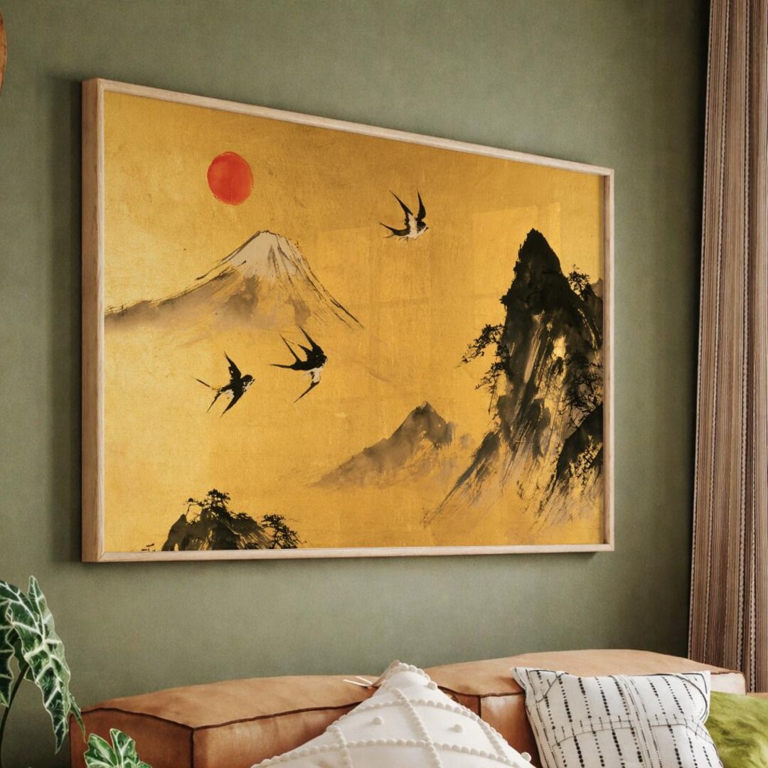 Mount Fuji Canvas Art, Japanese Ink Landscape Painting, Golden Sun ...