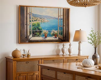 Mediterranean Sea View Canvas Art, Coastal Balcony Landscape, Travel Home Decor