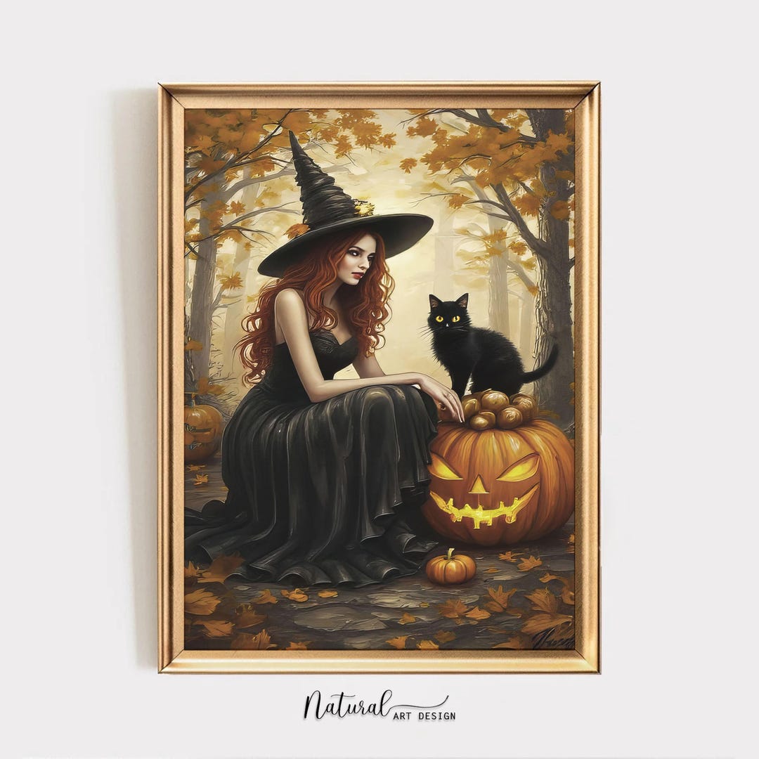 Witch and Black Cat Art Print: Gothic Halloween Fantasy Wall Decor - Etsy