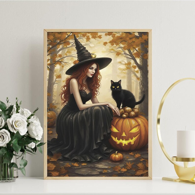 Witch and Black Cat Art Print: Gothic Halloween Fantasy Wall Decor - Etsy
