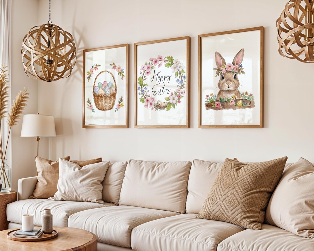 Easter Bunny Watercolor Canvas Print Set, Pastel Floral Spring Nursery ...