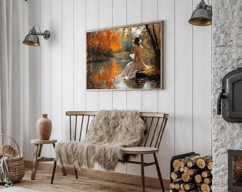 Autumn Vintage Woman Wall Art Moody Forest Fall Print Victorian