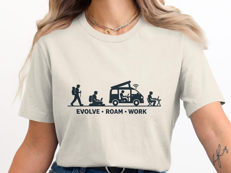 Funny Nomad RV Camper T-Shirt, Evolve Roam Work, Camping Van Life Shirt, Travel Adventure Tee, Wanderlust Gift for Hikers