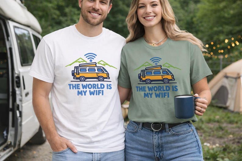 Man and woman, man wearing white t-shirt and a lady wearing a green t-shirt. The World is My Wifi T-Shirt, Camping Van Shirt, Adventure Graphic Tee, Summer Travel Shirt, Vacation Gift for Campers, Nature Lover Tee