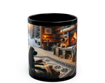 Taza de café negra "Cabaña acogedora": decoración invernal para el hogar, regalo para los amantes del café