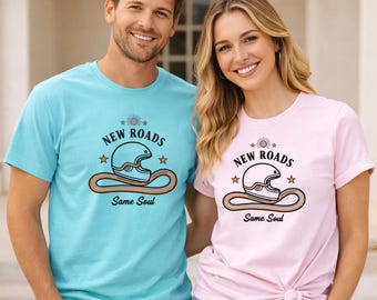 New Roads Same Soul T-Shirt, Retro Motorcycle Helmet Graphic Tee, Biker Wanderlust Top