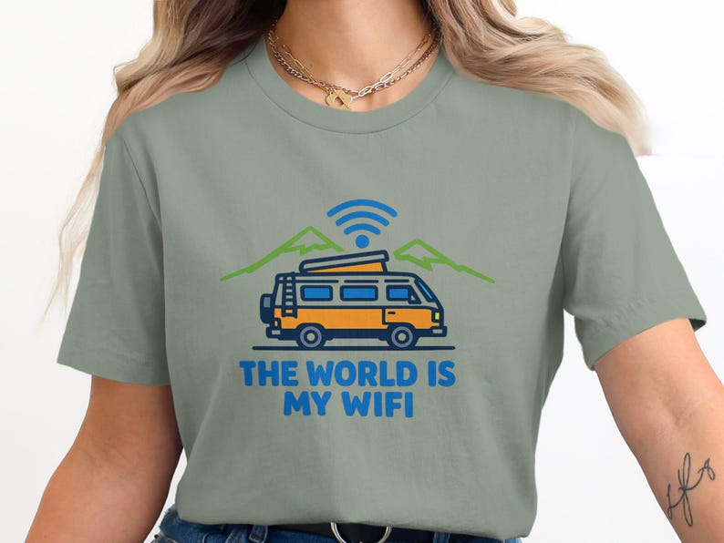 The World is My Wifi T-Shirt, Camping Van Shirt, Adventure Graphic Tee, Summer Travel Shirt, Vacation Gift for Campers, Nature Lover Tee