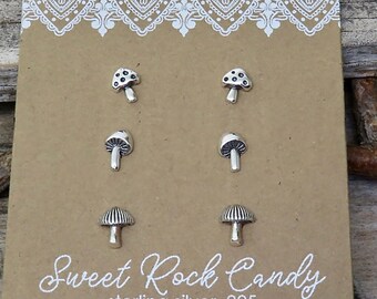 Sterling Silver Stud Earring Set | 3 Pair Tiny Mushrooms | Mushroom Studs Botanical Jewelry |  Mix and Match Studs Gift Boxed - S56