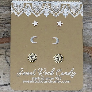 Tiny Sterling Silver Stud Earring Set | 3 Pair | Sun, Crescent Moon & Tiny Star | Stud Earrings | Gift Boxed Earrings - S32B