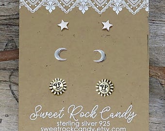 Tiny Sterling Silver Stud Earring Set | 3 Pair | Sun, Crescent Moon & Tiny Star | Stud Earrings | Gift Boxed Earrings - S32B