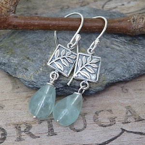 Artisan Sterling Silver Leaf and Fluorite Earrings | Handmade Sterling Jewelry  Gift Boxed Boho Botanical Embossed Silver Fern Leaf Earrings