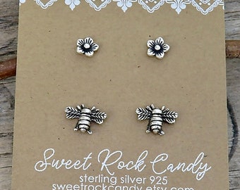 Tiny Sterling Silver Stud Earring Set | 2 Pair | Tiny Blossom, Tiny Bee | Tiny Studs Cottagecore | Gift For Gardener Boxed - S154C