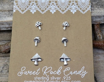 Sterling Silver Stud Earring Set | 3 Pair Tiny Mushrooms | Mushroom Studs Botanical Jewelry |  Mix and Match Studs Gift Boxed - S83