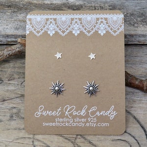 Ensemble de clous d'oreilles en argent sterling | 2 paires | Étoile et soleil rustique | Ensemble de boucles d'oreilles | Bijoux célestes | cadeau pour elle | Boucles d'oreilles en coffret cadeau - S35B