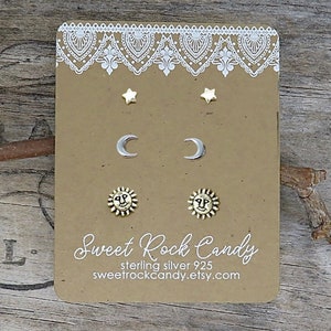 Tiny Sterling Silver Stud Earring Set | 3 Pair | Sun, Crescent Moon & Tiny Star | Stud Earrings | Gift Boxed Earrings - S32B