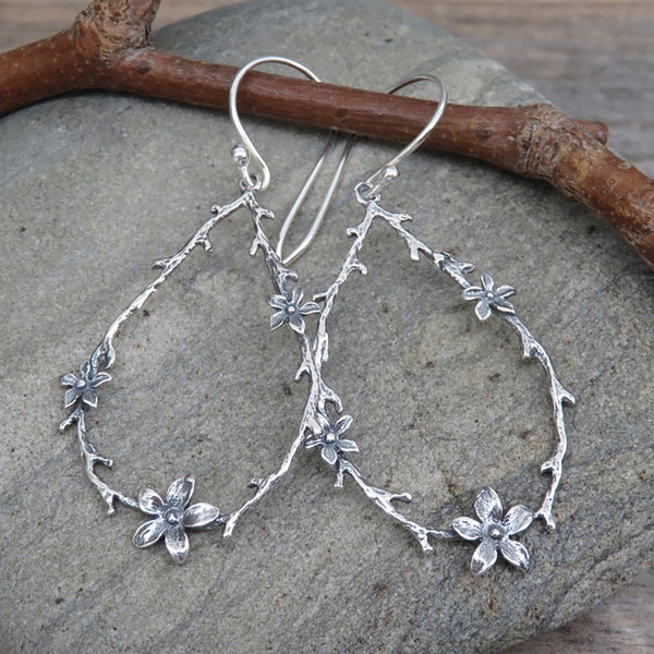Artisan Sterling Silver Earrings | Twig & Blossom | Nature Jewelry | Gift For Gardener | Botanical Jewelry | Handmade Sterling Earrings