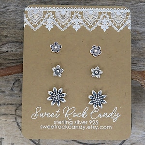 Sterling Silver Stud Earring Set | 3 Pair | Sunflower & Tiny Blossoms | Flower Studs | Cottagecore | Mix and Match Studs Gift Boxed - S121