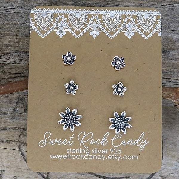 Sterling Silver Stud Earring Set | 3 Pair | Sunflower & Tiny Blossoms | Flower Studs | Cottagecore | Mix and Match Studs Gift Boxed - S121