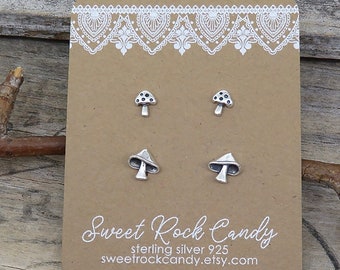 Tiny Sterling Silver Stud Earring Set | 2 Pair |  Mushrooms | Tiny Studs Boho Botanical | Rustic Botanical Jewelry Gift Boxed - S62