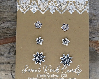 Sterling Silver Stud Earring Set | 3 Pair | Sunflower & Tiny Blossoms | Flower Studs | Ear Stack | Mix and Match Studs Gift Boxed - S121