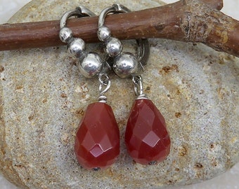 Sterling Silver Lever Backs With Graduated Sterling Balls & Carnelian Teardrops | Huggie Hoops  | Artisan Silver Boho Gift Boxed Jewelry