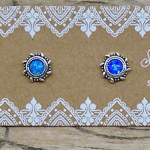 Tiny Sterling Silver Blue Opal Stud Earrings | 6mm Round Opal Studs | Opal Posts | Sterling Silver Circle Studs | Tiny Stud - P181