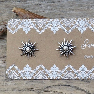 Sterling Silver Sun Earrings | Round  Studs | Celestial Sun Posts | Gift Boxed Sterling Silver Jewelry | Rustic Sun EarringsTiny Studs - P43