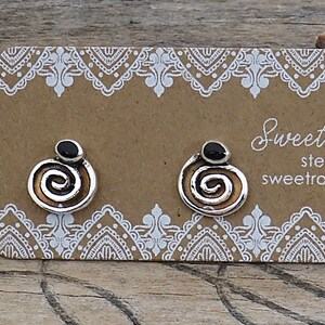 Tiny Sterling Silver Stud Earrings | Black Onyx Spiral | Gift For Her | Sterling Silver Studs | Multiple Piercing | Minimalist - P50