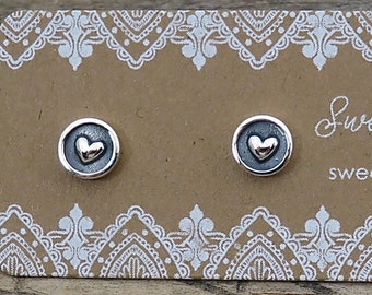 Tiny Sterling Silver Heart on a Circle Stud Earrings | Heart Studs | Sterling Silver Circle Studs |  Gift For Her| Tiny Stud Ear Stack- P70