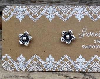 Sterling Silver Tiny Blossom Stud Earrings | Flower Earrings | Artisan Sterling Silver Gift For Gardener Gift Boxed Botanical Jewelry - P135
