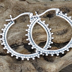 Sterling Silver Dotted Filigree Hoop Earrings | Rustic Artisan Sterling Silver Hoop | Boho Hoop Earrings | Gift Boxed Rustic Jewelry - P84