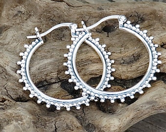 Sterling Silver Dotted Filigree Hoop Earrings | Rustic Artisan Sterling Silver Hoop | Boho Hoop Earrings | Gift Boxed Rustic Jewelry - P84