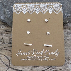 Teeny Tiny Sterling Silver Minimalist Stud Earring Set | 3 Pair | Star, Dot & Bar | Stud Earring Set | Minimalist Earrings Gift Boxed - S10