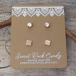 Rose Gold Vermeil Stud Earring Set | 2 Pair | CZ & Square | Earring Set | Mix and MatchStuds | Minimalist | Earrings Gift Boxed - S2S