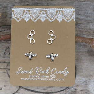 Sterling Silver Stud Earring Set | 2 Pair | Honeycomb & Bee | Gift For Gardener | Mix and Match Studs | Beekeeper | Cottagecore - S127