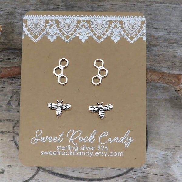 Sterling Silver Stud Earring Set | 2 Pair | Honeycomb & Bee | Gift For Gardener | Mix and Match Studs | Beekeeper | Cottagecore - S127