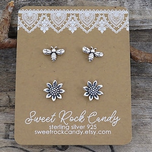 Sterling Silver Stud Earring Set | 2 Pair | Sunflower & Bee | Gift For Gardener | Mix and Match Studs | Artisan Earrings Cottagecore - S69