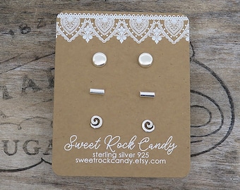 Teeny Tiny Sterling Silver Minimalist Stud Earring Set | 3 Pair | Dot Bar & Spiral | Stud Earring Set | Minimalist Earrings Gift Boxed - S17