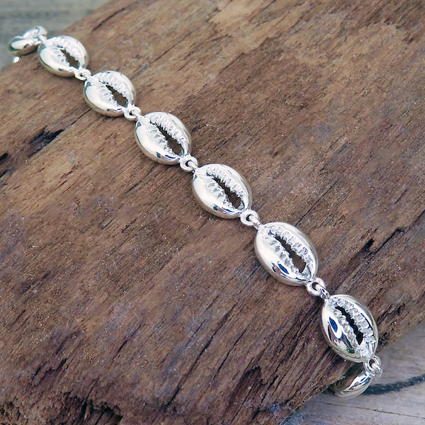 Sterling Silver Cowrie Shell Chain Bracelet | Adjustable Length Silver Bracelet | Sterling Silver Chain Bracelet | Beach | Cruise Jewelry