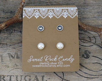 Sterling Silver Stud Earring Set | 2 Pair | Heart Dot & Pearl | Earrings | Multiple Piercing | Mix and Match Studs | Gift BoxedJewelry - S57